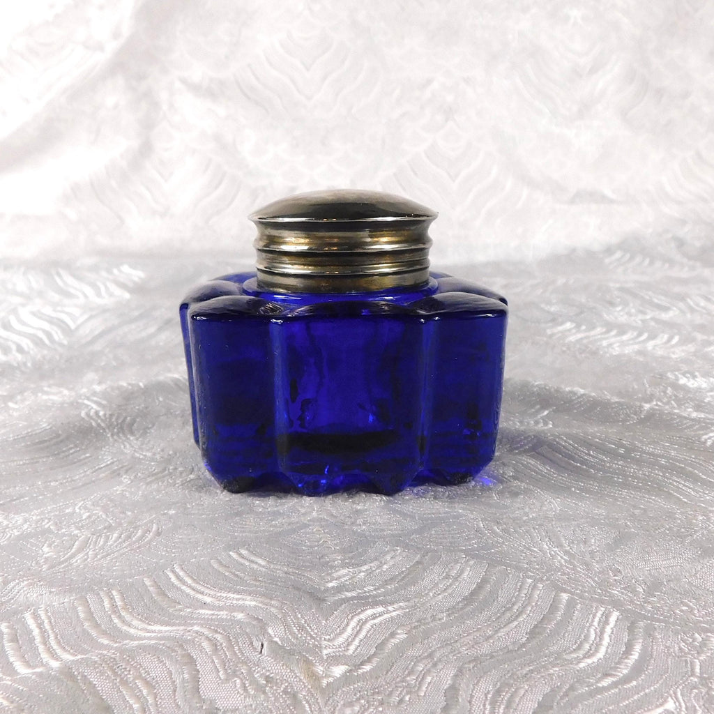 Blue Glass Inkwell with Hinged Lid # 27528
