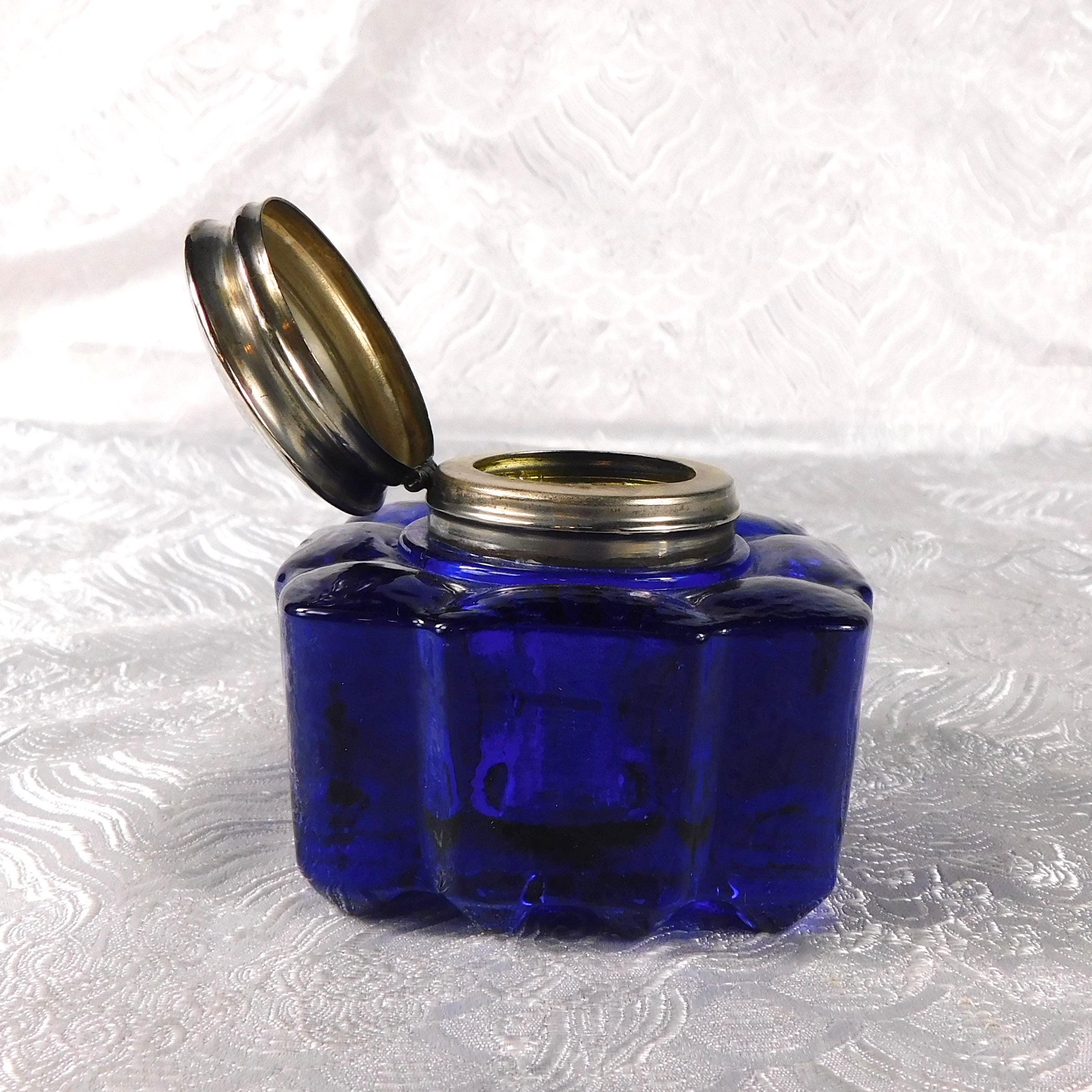 Blue Glass Inkwell with Hinged Lid # 27528