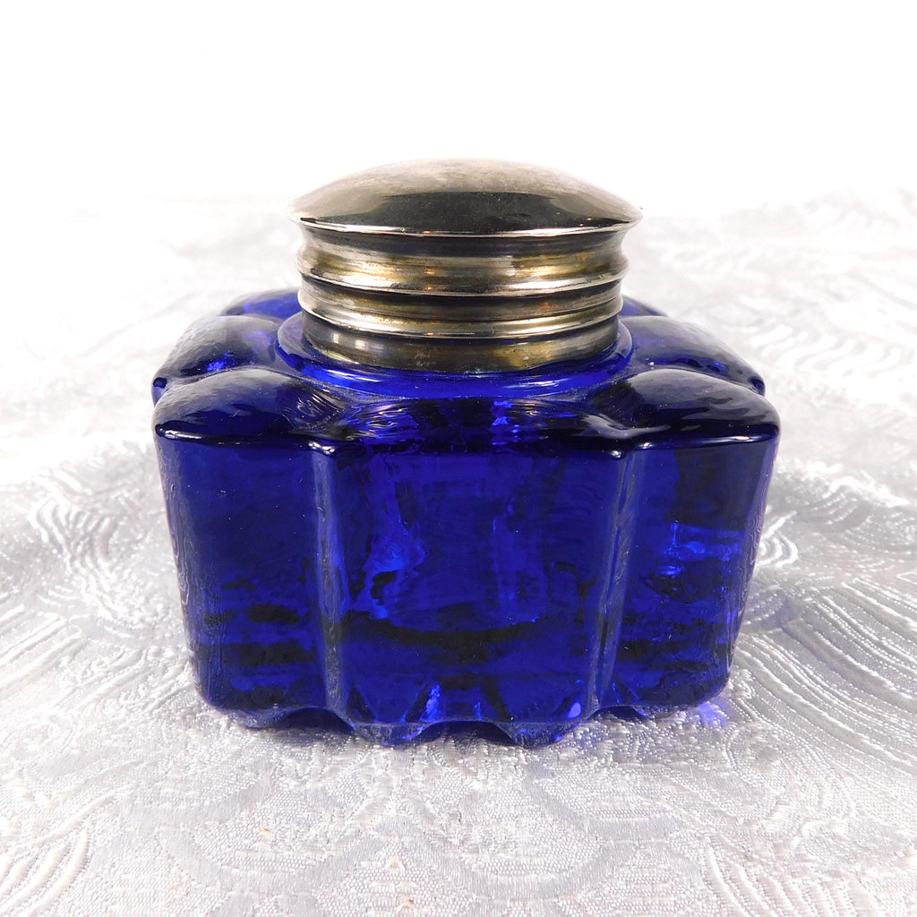 Blue Glass Inkwell with Hinged Lid # 27528