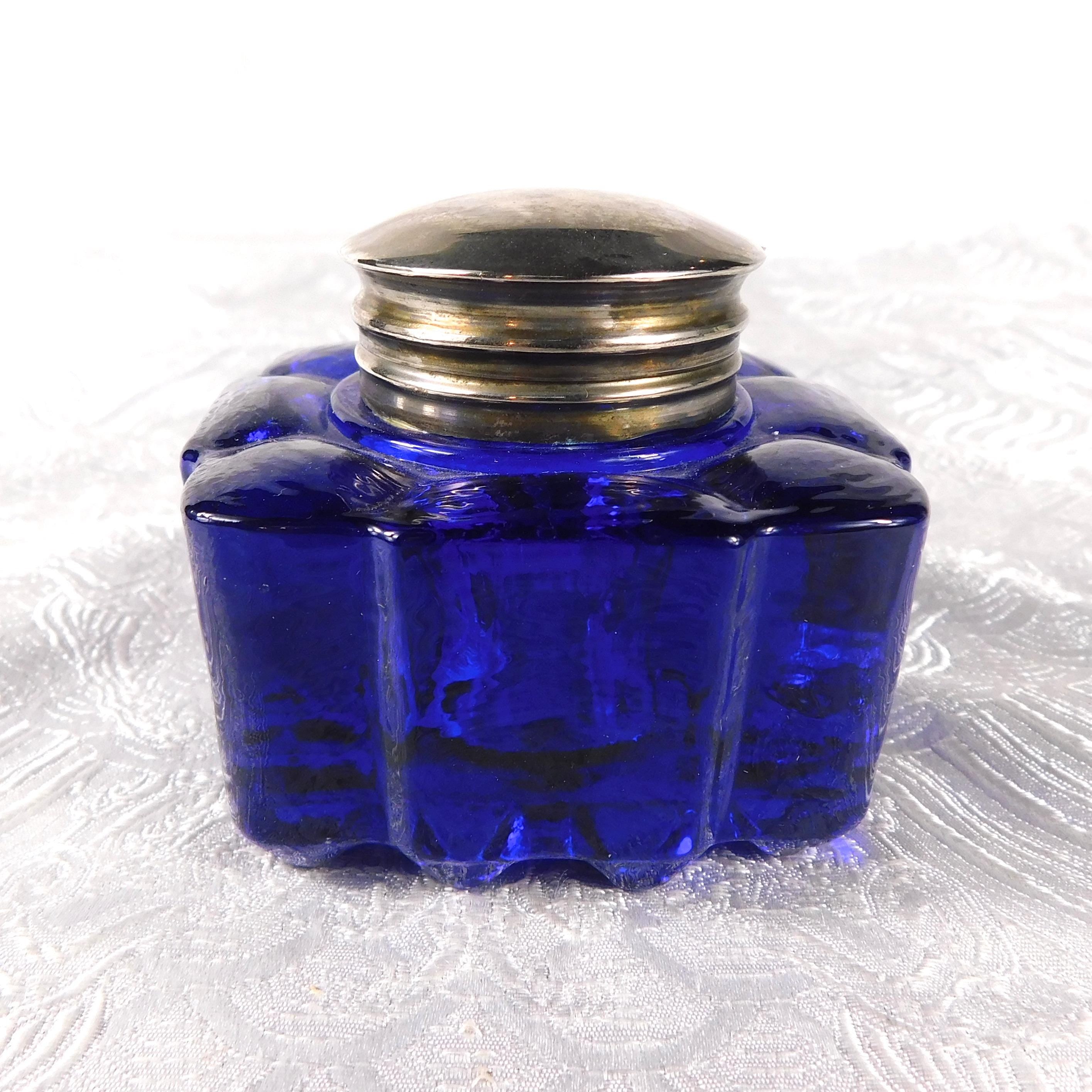 Blue Glass Inkwell with Hinged Lid # 27528