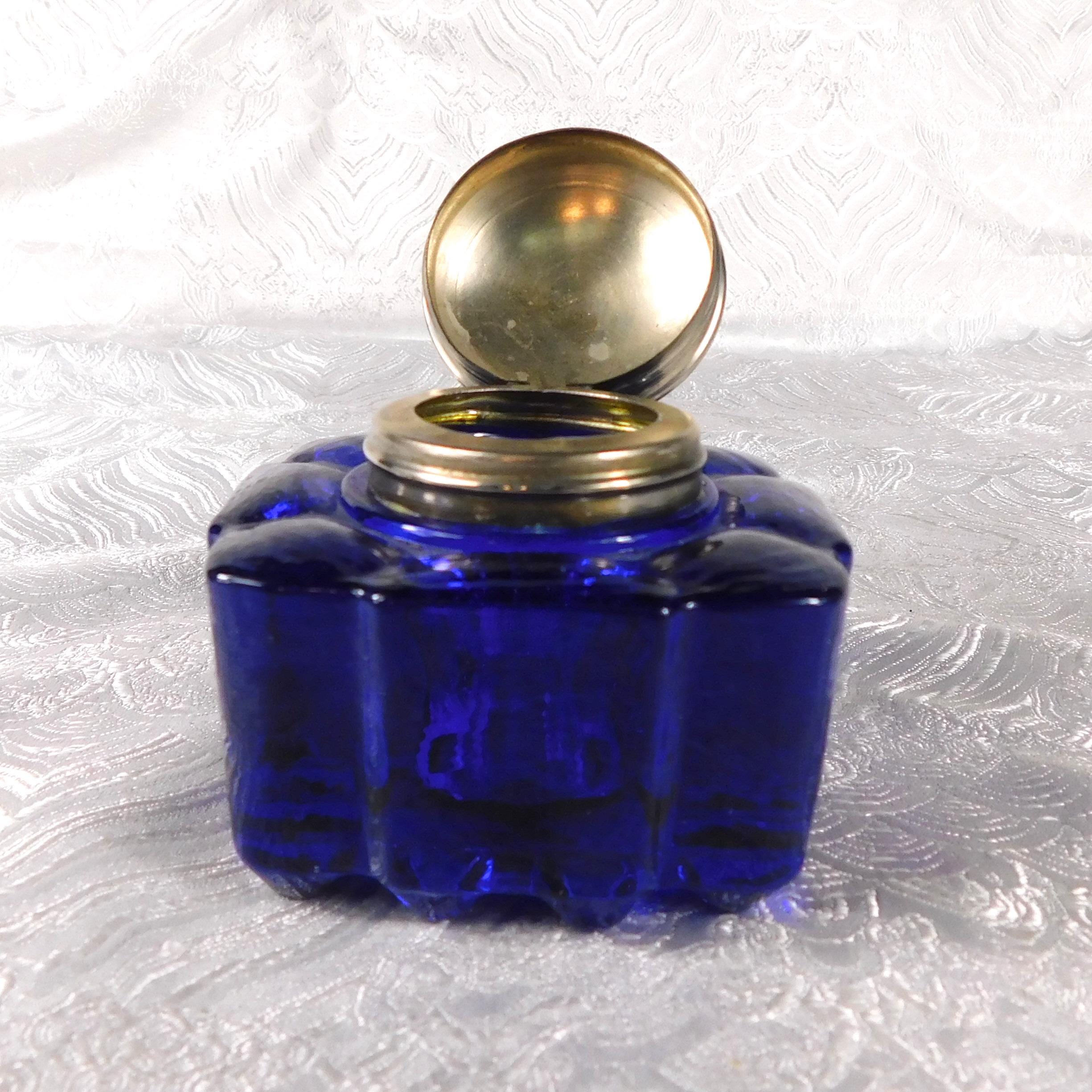 Blue Glass Inkwell with Hinged Lid # 27528