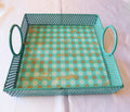 Aqua Metal Tray with Round Handles and Wood Insert # 6060