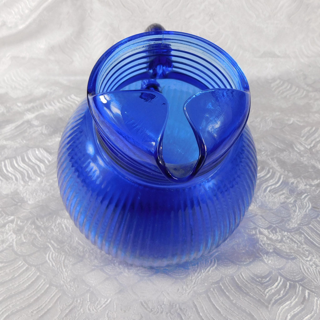Blue Ribbed Glass Jug or Pitcher with Six Matching Glasses # 27425
