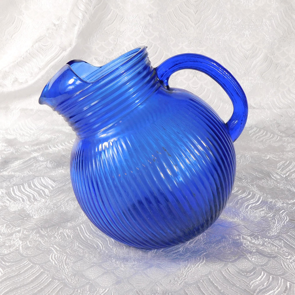 Blue Ribbed Glass Jug or Pitcher with Six Matching Glasses # 27425